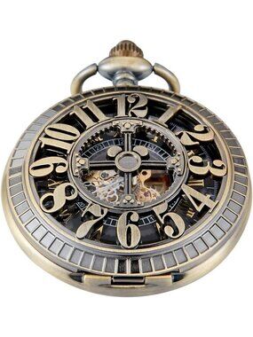 Men's Black Bronze Retro Skeleton Arabic Numerals Hollow Mechanical Pocket Watch
